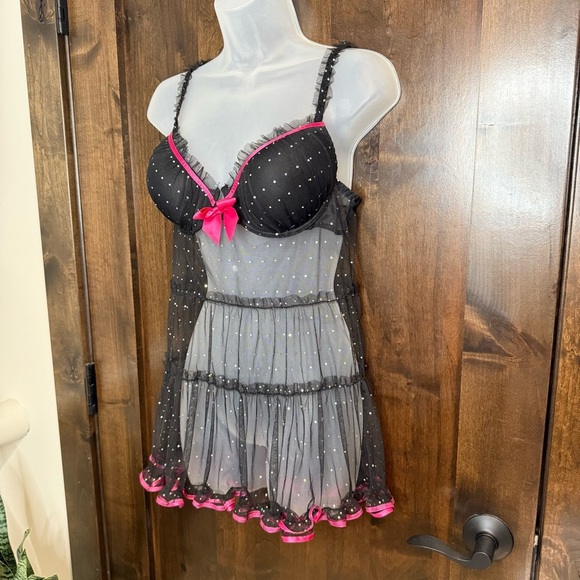 Frederick's of Hollywood Sheer Black Chemise with Pink Trim sequins underwire L - Picture 1 of 8